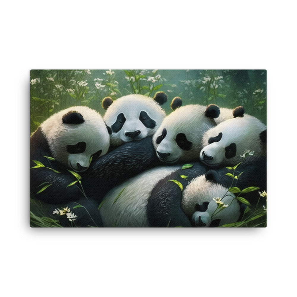 A group of panda bears cuddling together in a peaceful meadow canvas - Posterfy.AI