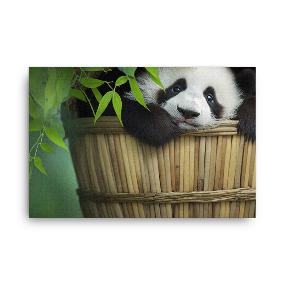 A cute panda cub peeking out from a basket full of bamboo canvas - Posterfy.AI