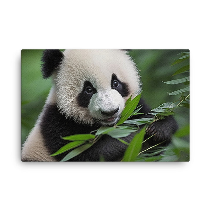 A cute panda bear enjoying a feast of bamboo leaves canvas - Posterfy.AI