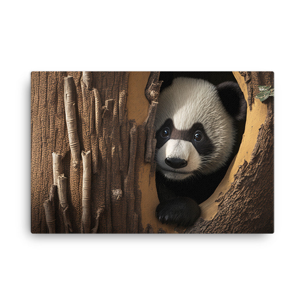 A curious panda bear peeking out from behind a tree trunk canvas - Posterfy.AI