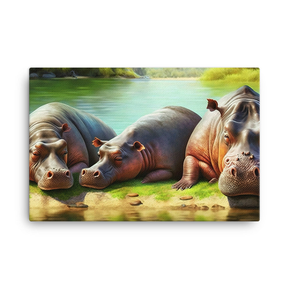 A hippo family sunbathing on the banks of a river canvas - Posterfy.AI