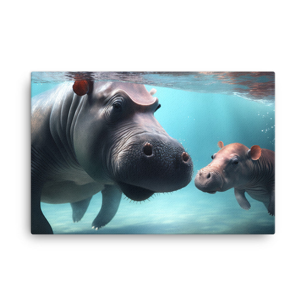 A cute baby hippo playing in the water with its mother canvas - Posterfy.AI