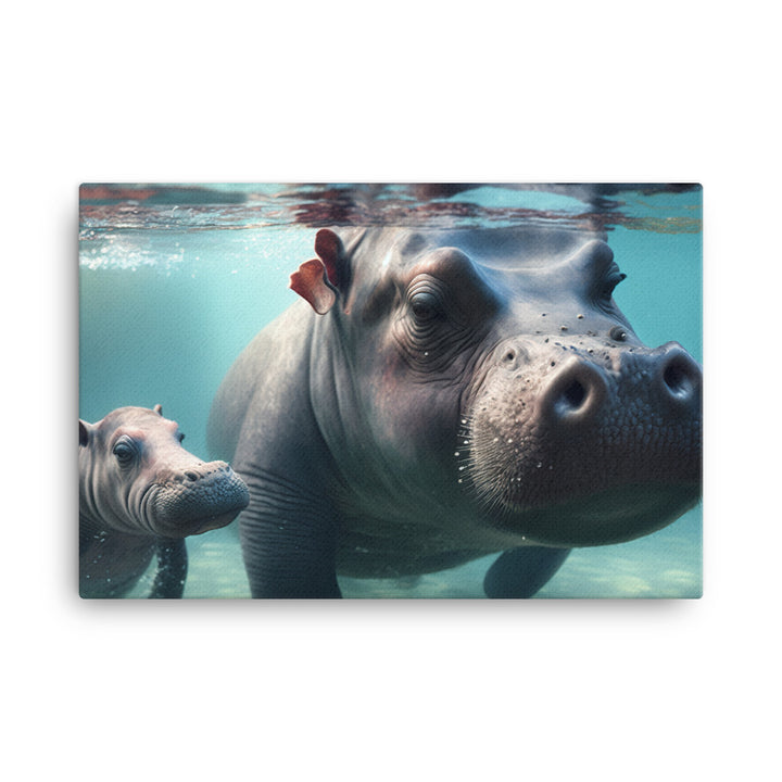 A cute baby hippo playing in the water with its mother canvas - Posterfy.AI