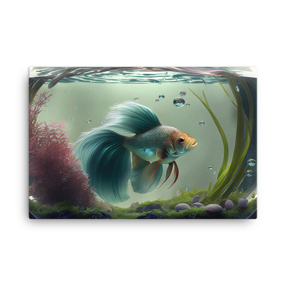 A solitary betta fish in a beautifully decorated aquarium bowl canvas - Posterfy.AI