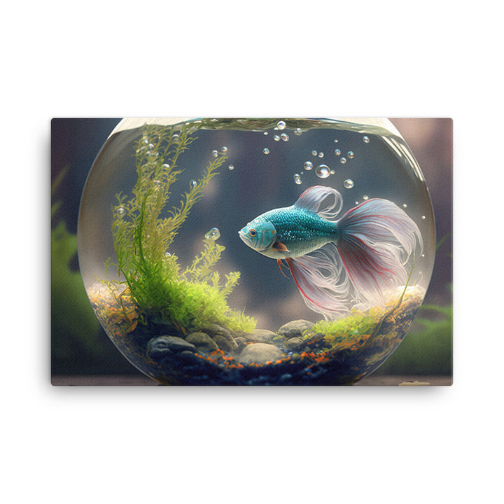 A solitary betta fish in a beautifully decorated aquarium bowl canvas - Posterfy.AI