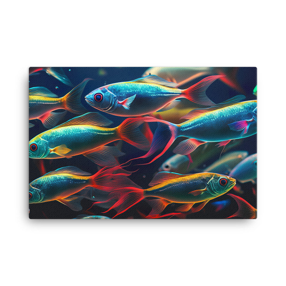 Neon tetras swimming in a brightly lit aquarium canvas - Posterfy.AI