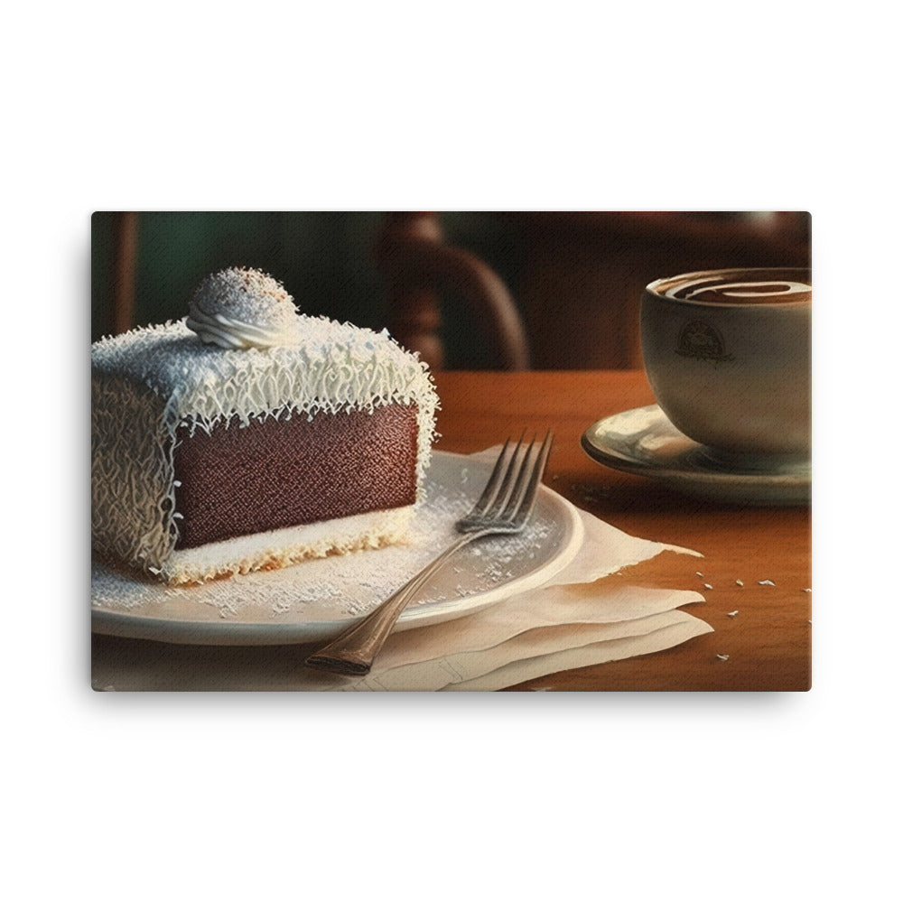 Coconut-covered cake paired with the smooth coffee canvas - Posterfy.AI