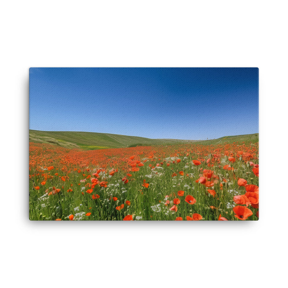 Vibrant Poppy blooms against a blue sky canvas - Posterfy.AI