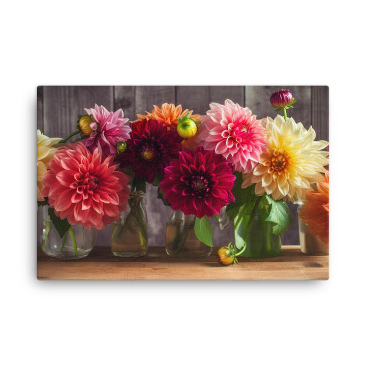 Dahlia Bouquet on a Wooden Table canvas - Posterfy.AI