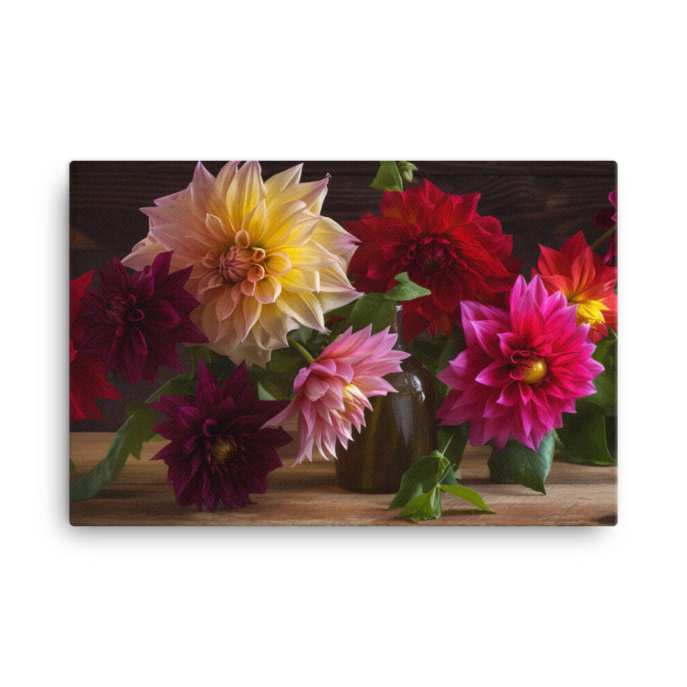 Dahlia Bouquet on a Wooden Table canvas - Posterfy.AI