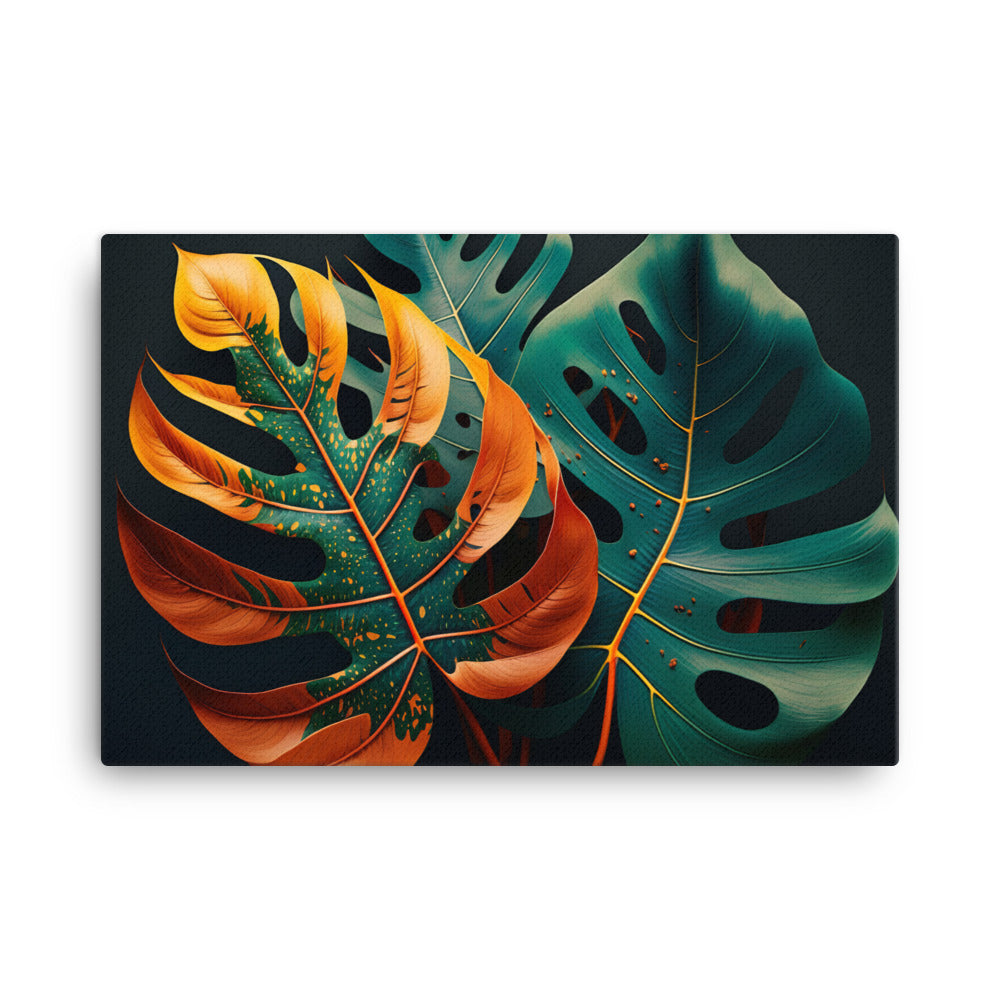 Monstera leaves in vibrant colors canvas - Posterfy.AI