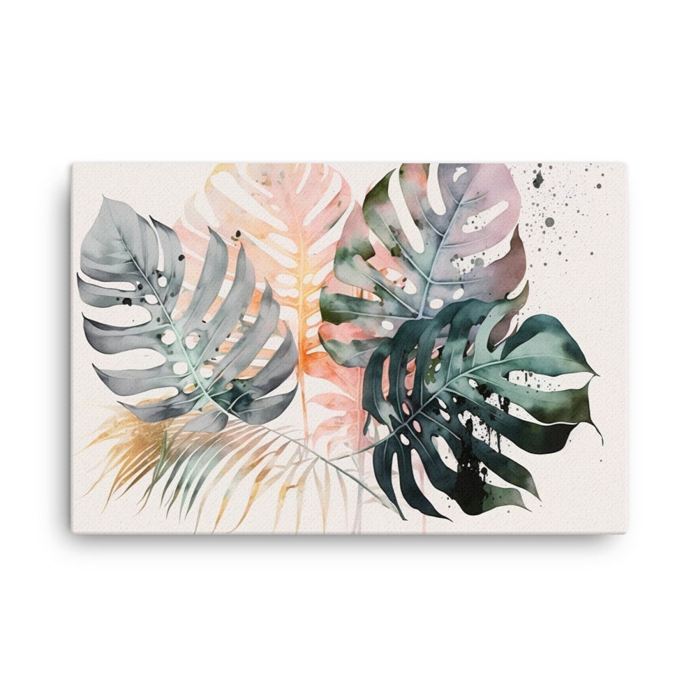 Monstera leaves in pale pastel colors canvas - Posterfy.AI