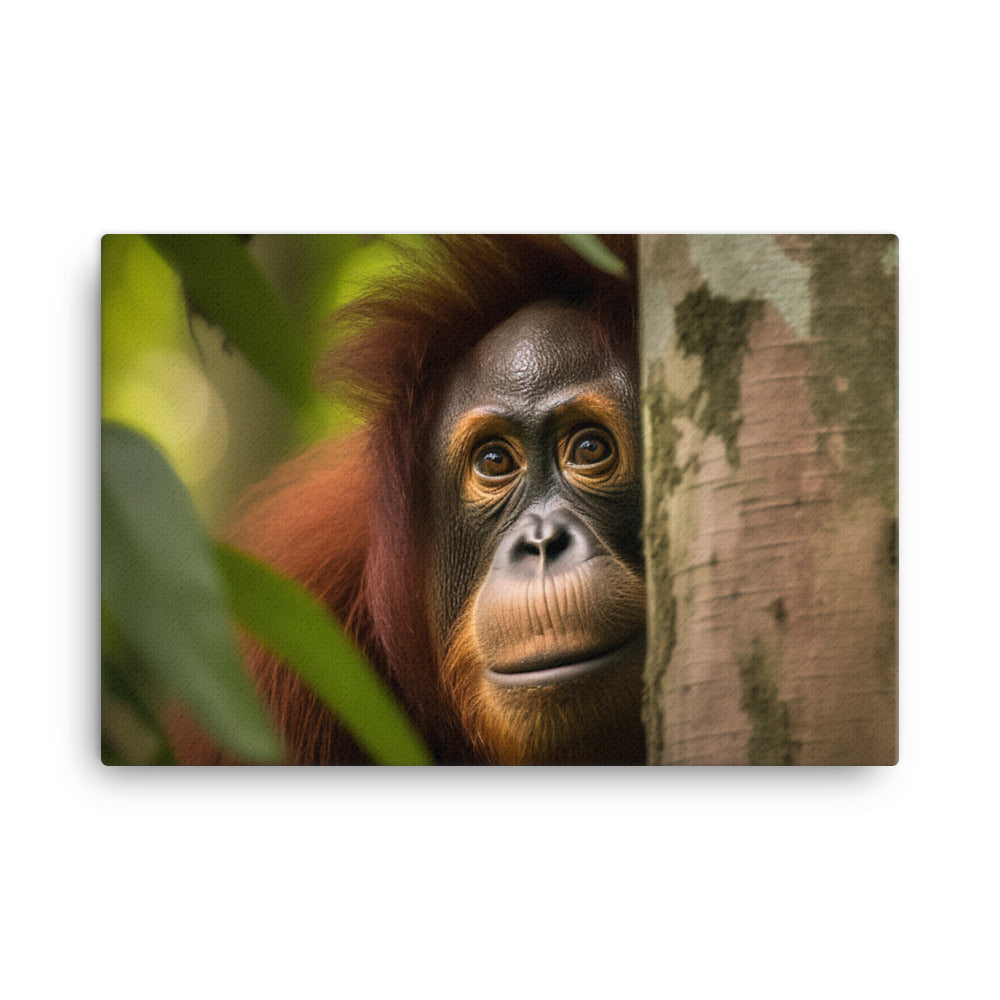 Inquisitive Orangutan Peeking from Behind Tree canvas - Posterfy.AI