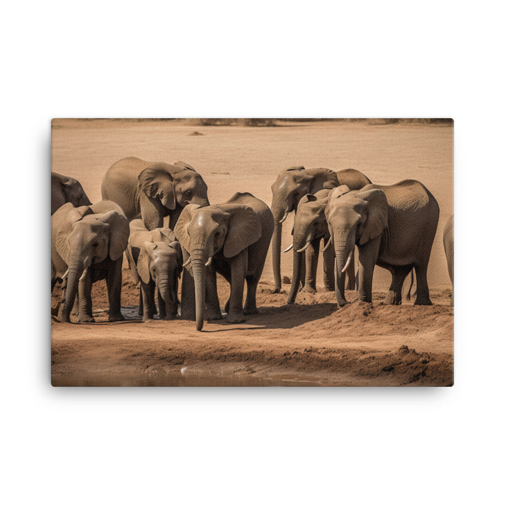 African Elephants at the Watering Hole canvas - Posterfy.AI