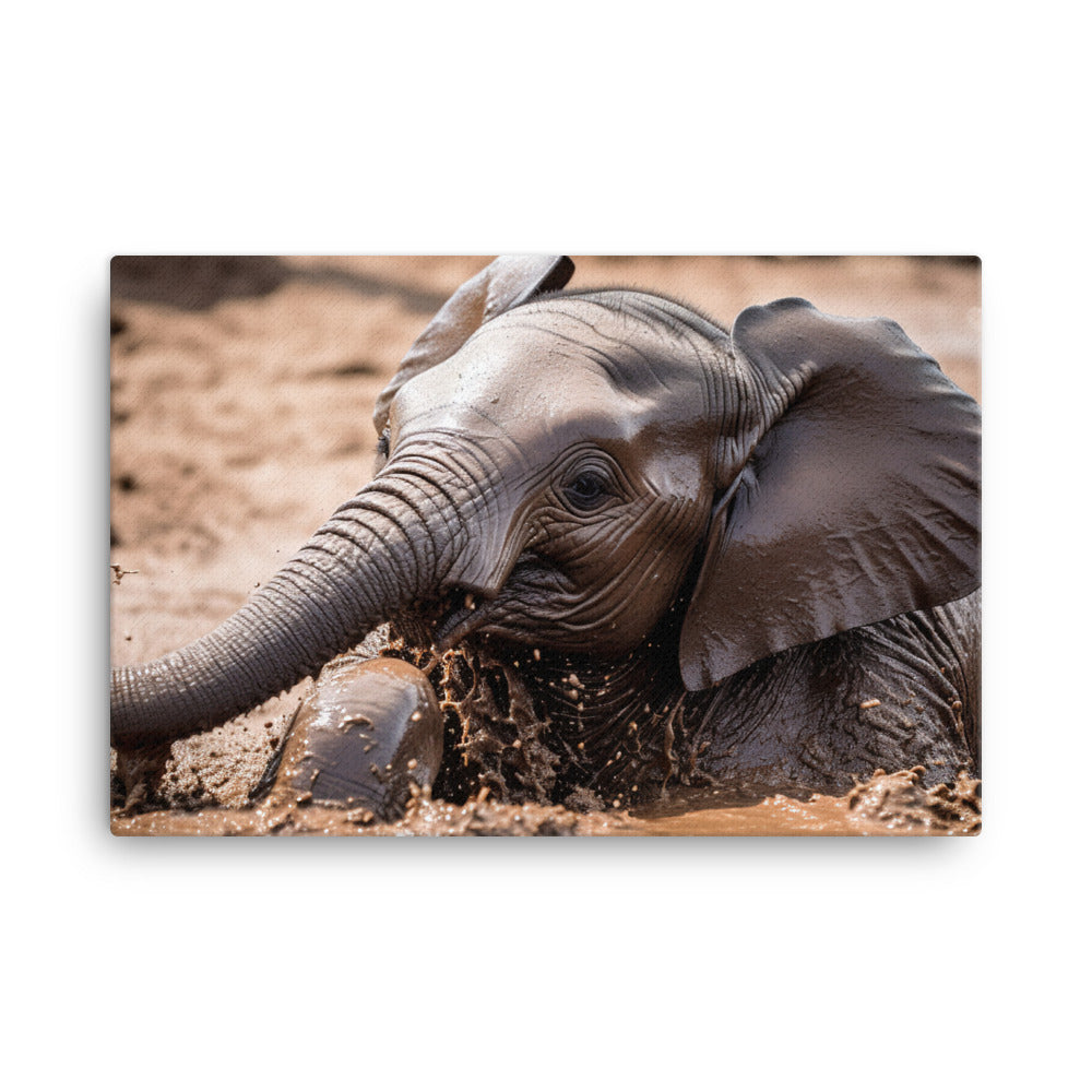 Adorable Baby Elephant Taking a Mud Bath canvas - Posterfy.AI