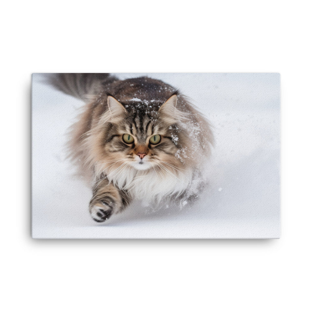 Norwegian Forest Cat Playing in the Snow canvas - Posterfy.AI