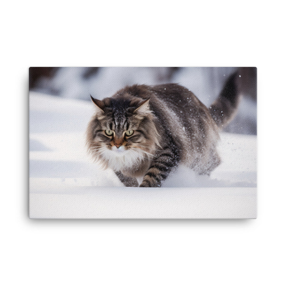 Norwegian Forest Cat Playing in the Snow canvas - Posterfy.AI