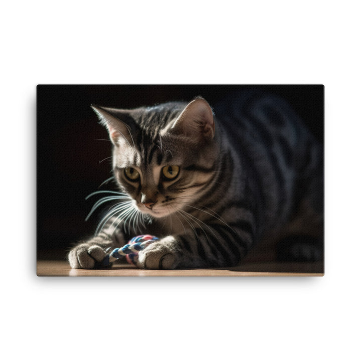 Adorable American Shorthair playing with toy mouse canvas - Posterfy.AI