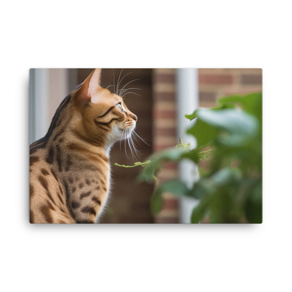 Curious Bengal Cat Watching Bird Outside canvas - Posterfy.AI