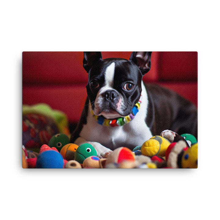 Happy Boston Terrier with Toys canvas - Posterfy.AI