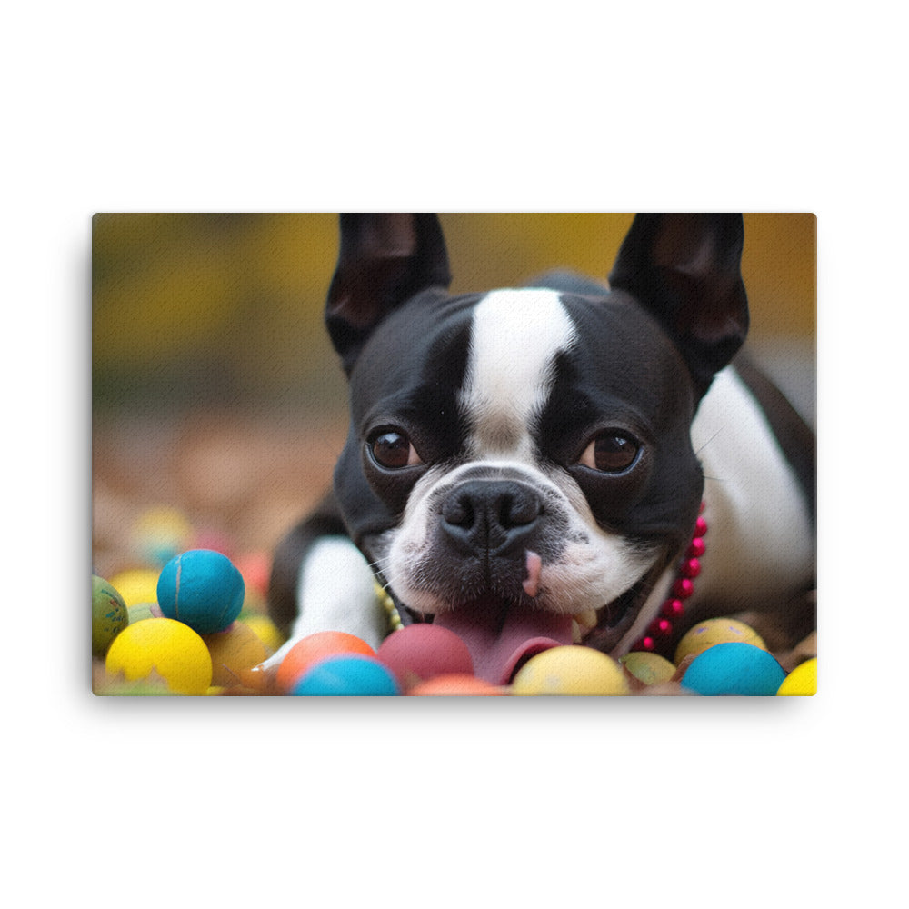 Happy Boston Terrier with Toys canvas - Posterfy.AI