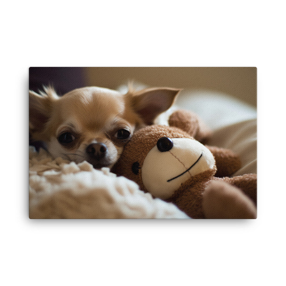 A Chihuahua snuggled up with a plush toy canvas - Posterfy.AI