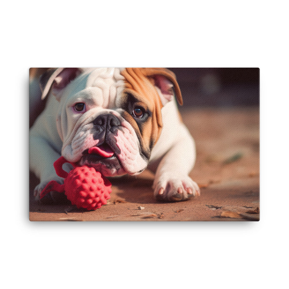 Silly Bulldog: Playful Pup with a Toy canvas - Posterfy.AI