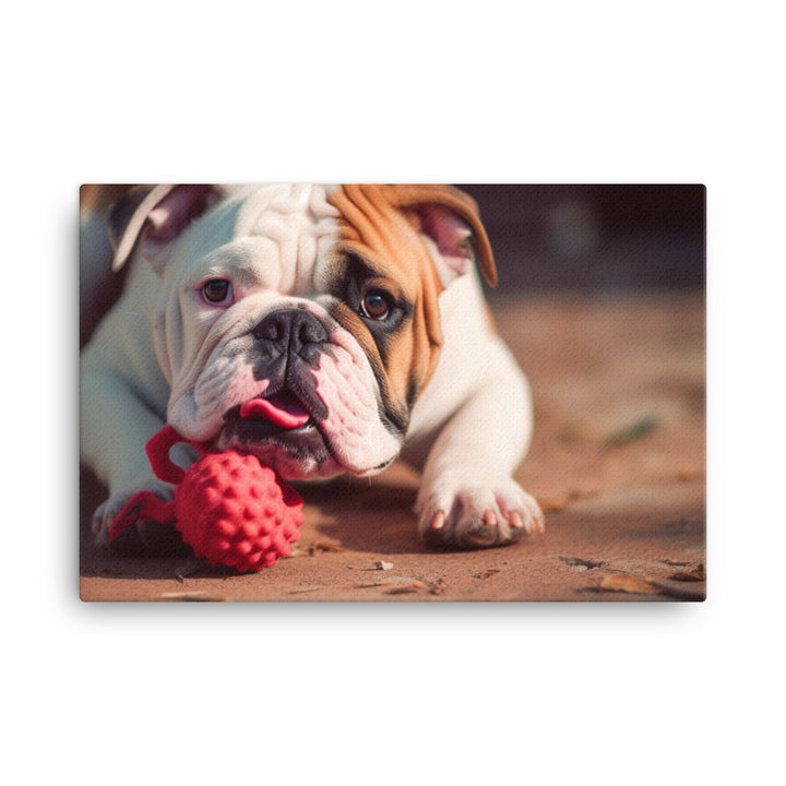 Silly Bulldog: Playful Pup with a Toy canvas - Posterfy.AI