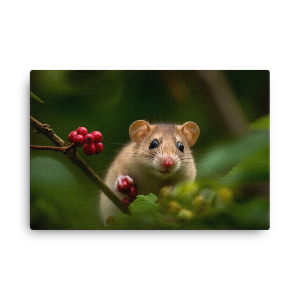 Energetic Dormouse playing on a branch canvas - Posterfy.AI