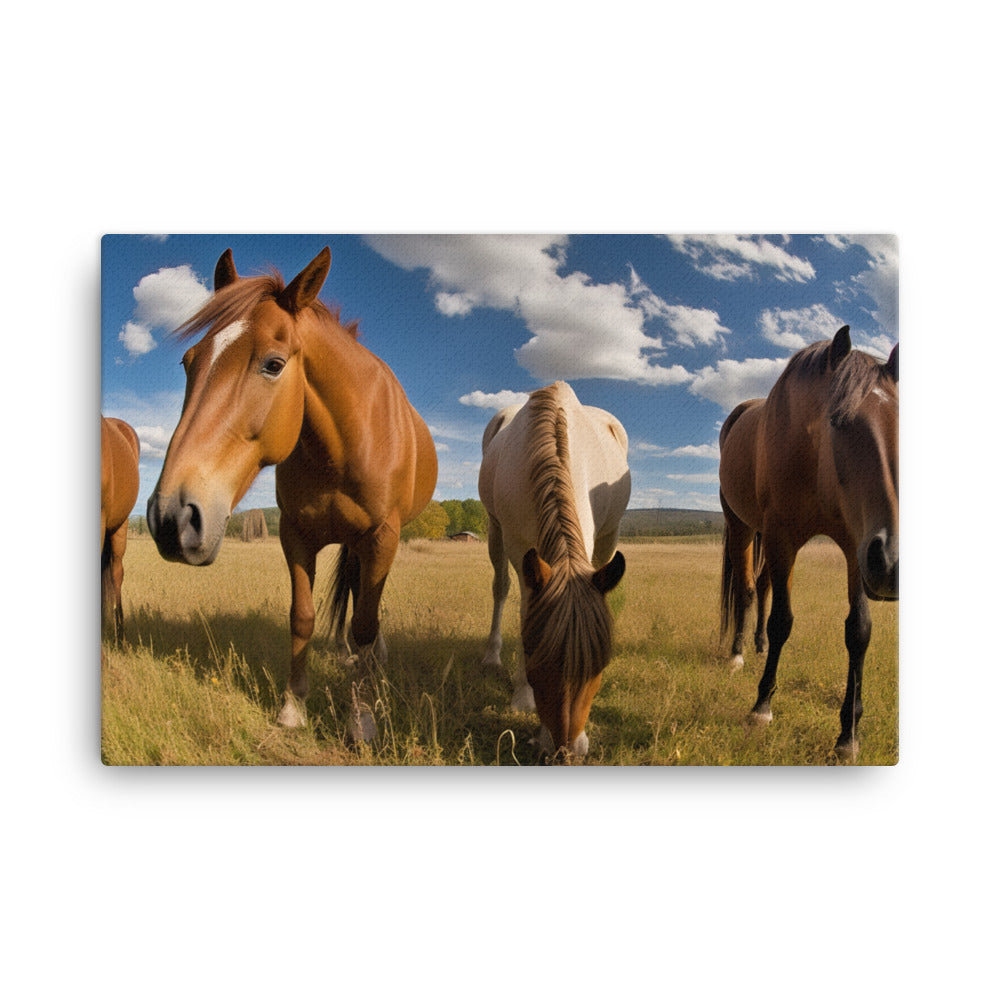 A Quartet of Quarter Horses Grazing in a Field canvas - Posterfy.AI