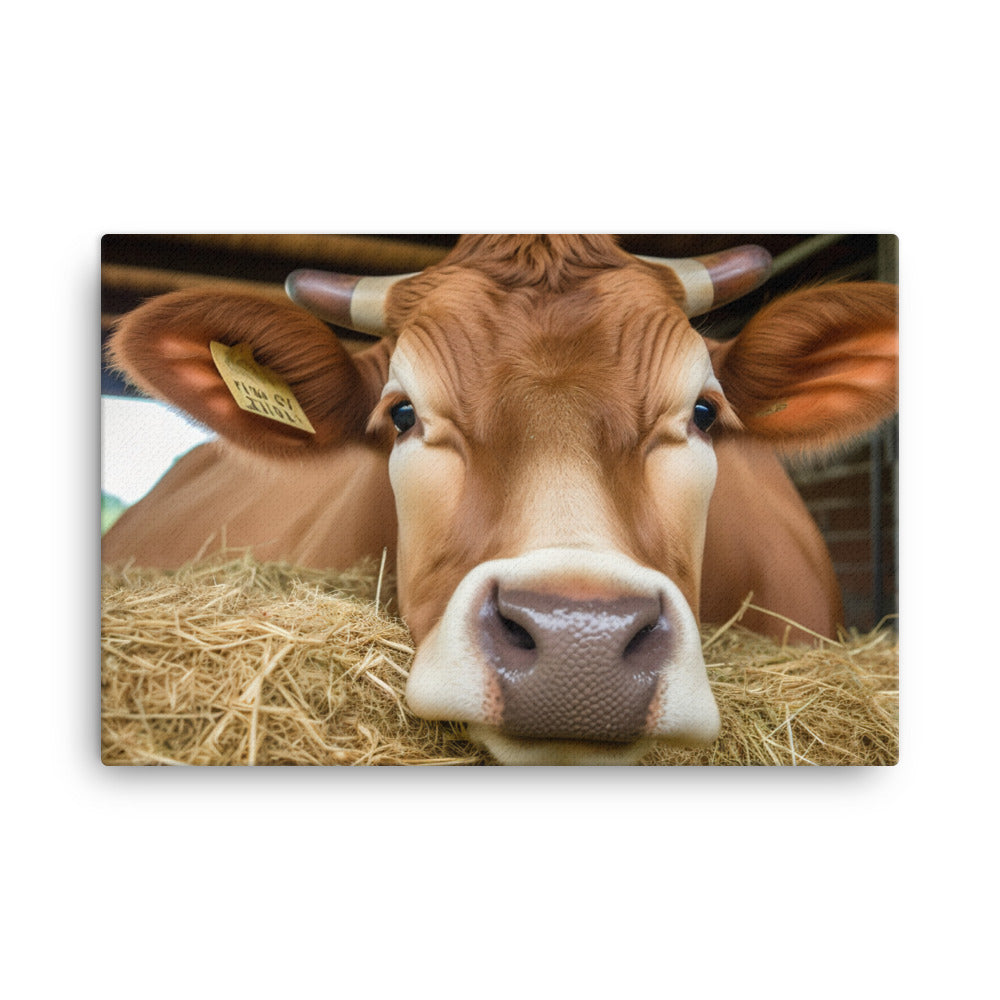 Happy Jersey Cow Enjoying a Fresh Hay Bale canvas - Posterfy.AI