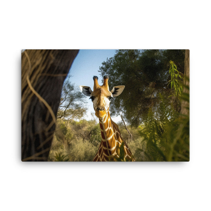 Curious Giraffe Peeking Through Trees canvas - Posterfy.AI