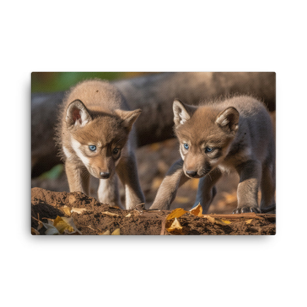 Gray Wolf Pups at Play canvas - Posterfy.AI