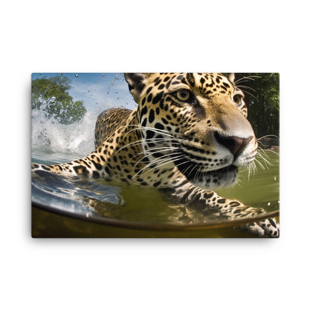 Young Jaguar Playfully Frolicking in the Water canvas - Posterfy.AI