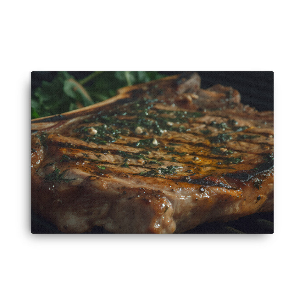 Juicy T-Bone Steak on a Sizzling Grill canvas - Posterfy.AI