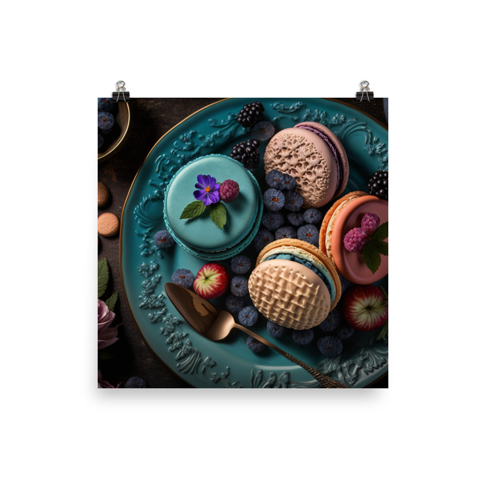 Colorful french macarons on plate photo paper poster - Posterfy.AI