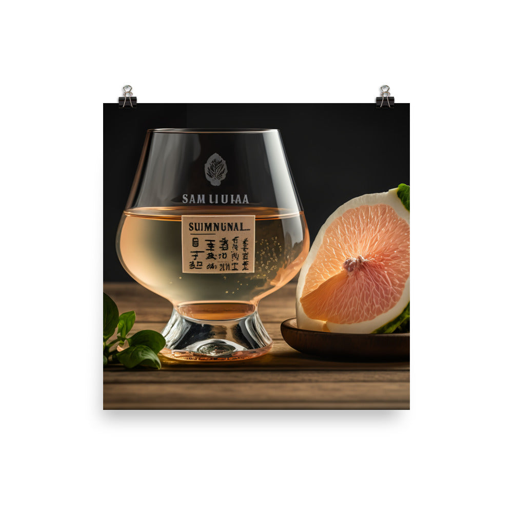 A side view of a clear glass of junmai ginjo sake with a floral aroma photo paper poster - Posterfy.AI