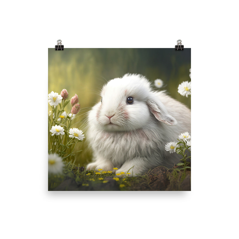 A fluffy white bunny in a field of flowers photo paper poster - Posterfy.AI