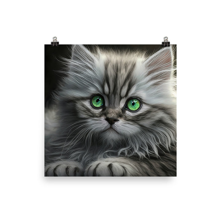 A fluffy gray kitten with bright green eyes photo paper poster - Posterfy.AI