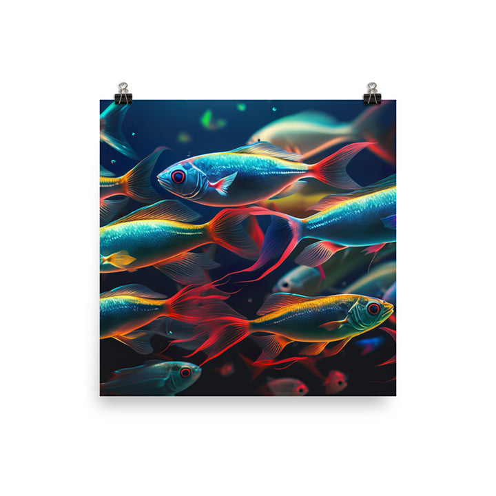 Neon tetras swimming in a brightly lit aquarium photo paper poster - Posterfy.AI