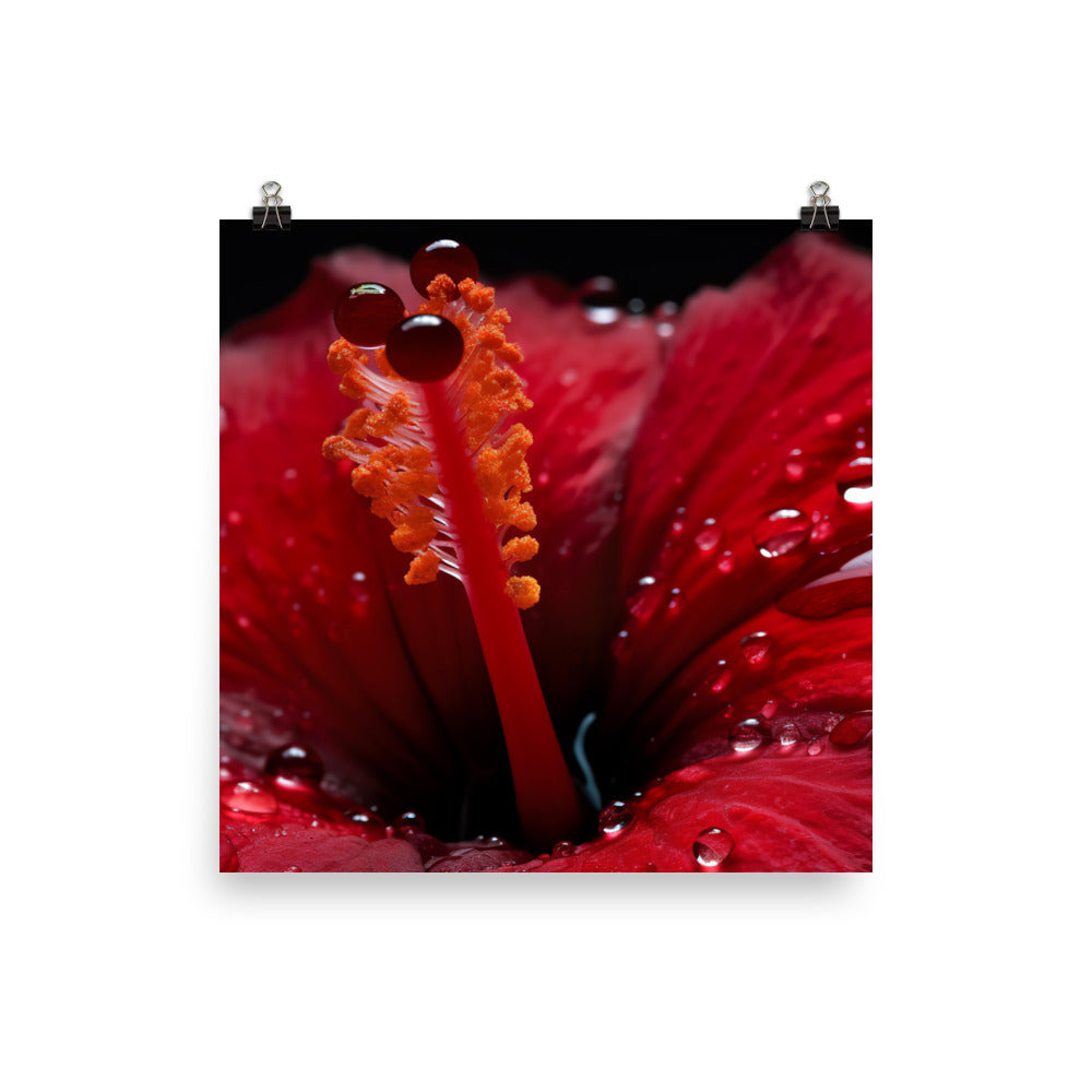 Close-Up of a Red Hibiscus with Dew Drops photo paper poster - Posterfy.AI