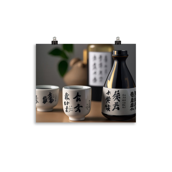 A simple yet elegant set of black and white ceramic sake cups next to a bottle of sake photo paper poster - Posterfy.AI