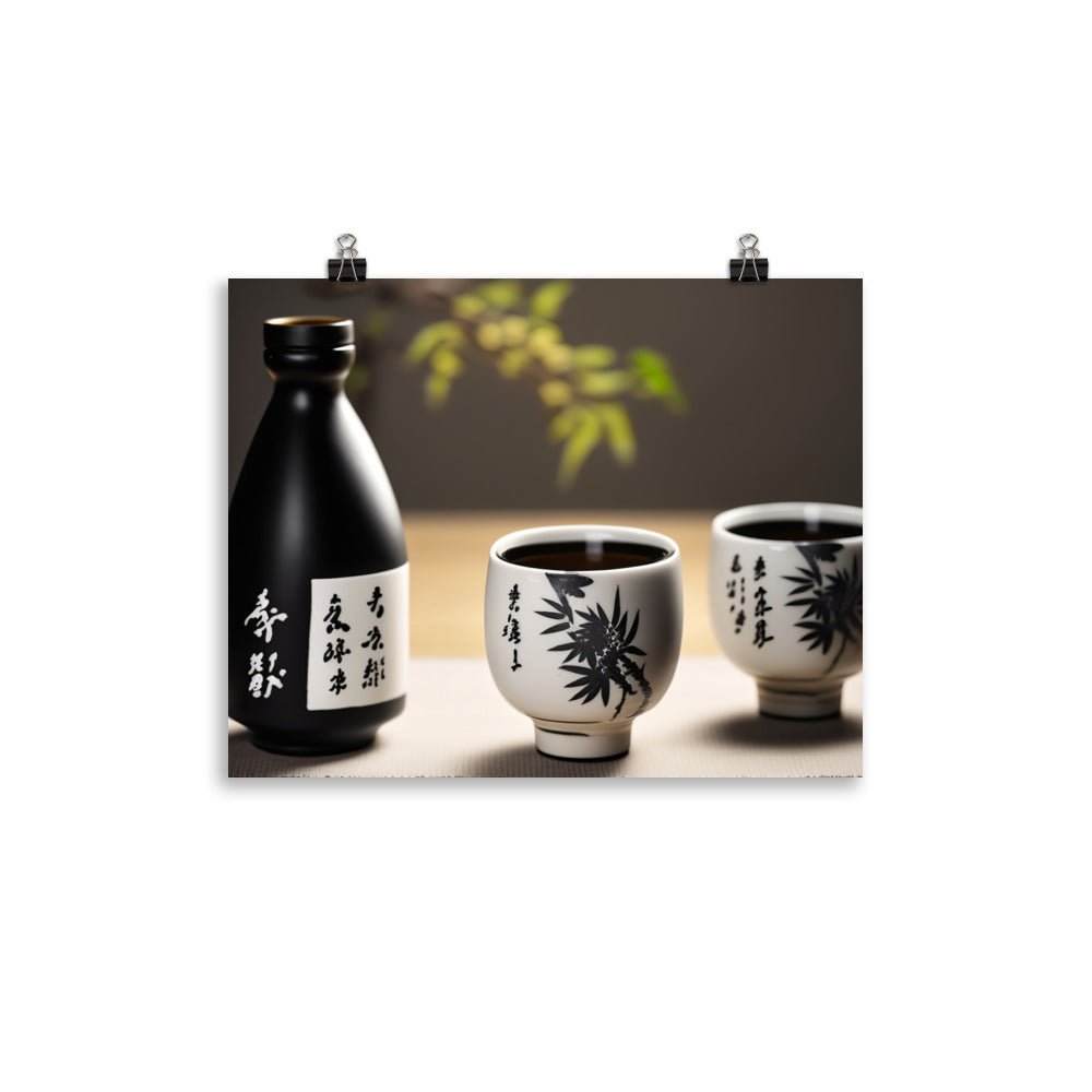 A simple yet elegant set of black and white ceramic sake cups next to a bottle of sake photo paper poster - Posterfy.AI