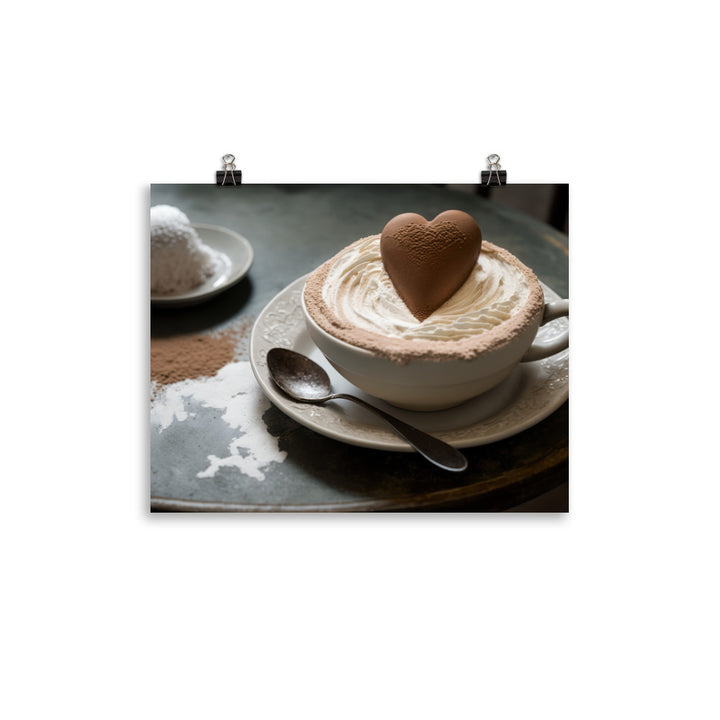 A frothy cappuccino, with a heart shaped foam design and a dusting of cocoa powder photo paper poster - Posterfy.AI