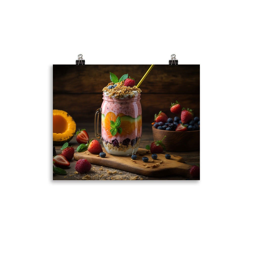 A colorful smoothie with layers of blended fruit and yogurt photo paper poster - Posterfy.AI