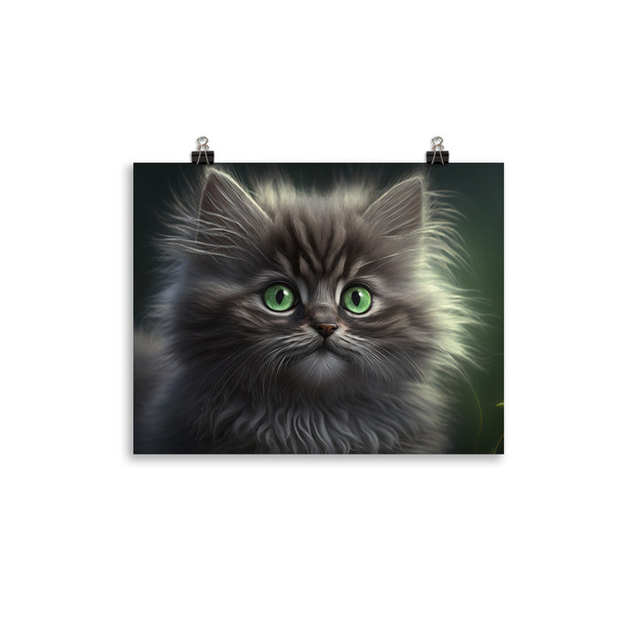 A fluffy gray kitten with bright green eyes photo paper poster - Posterfy.AI