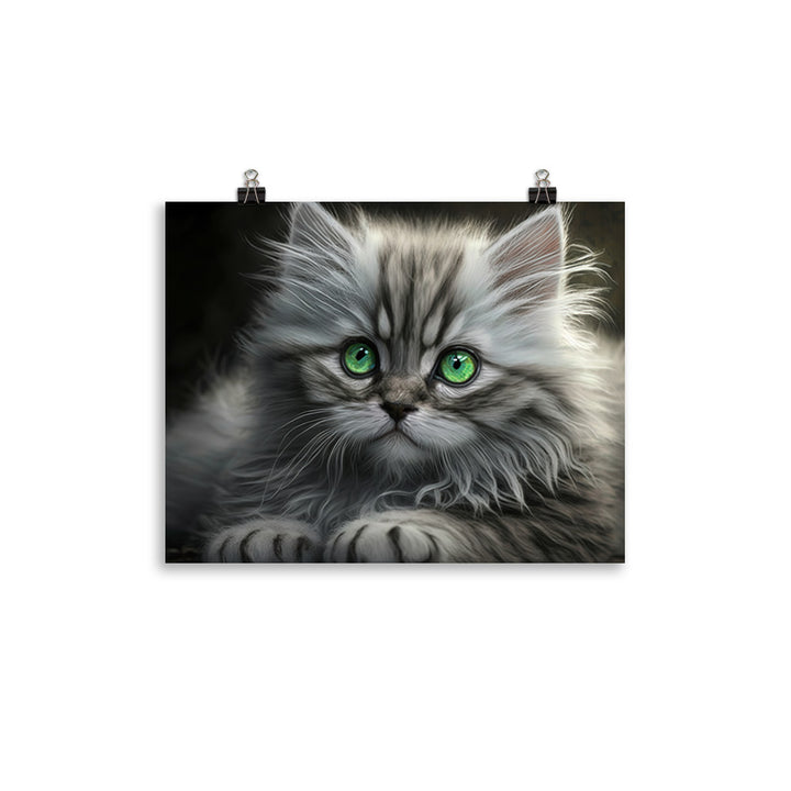 A fluffy gray kitten with bright green eyes photo paper poster - Posterfy.AI