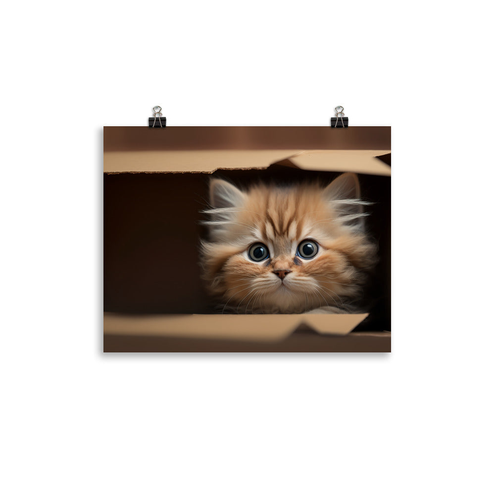 A fluffy kitten peering curiously out of a small cardboard box photo paper poster - Posterfy.AI