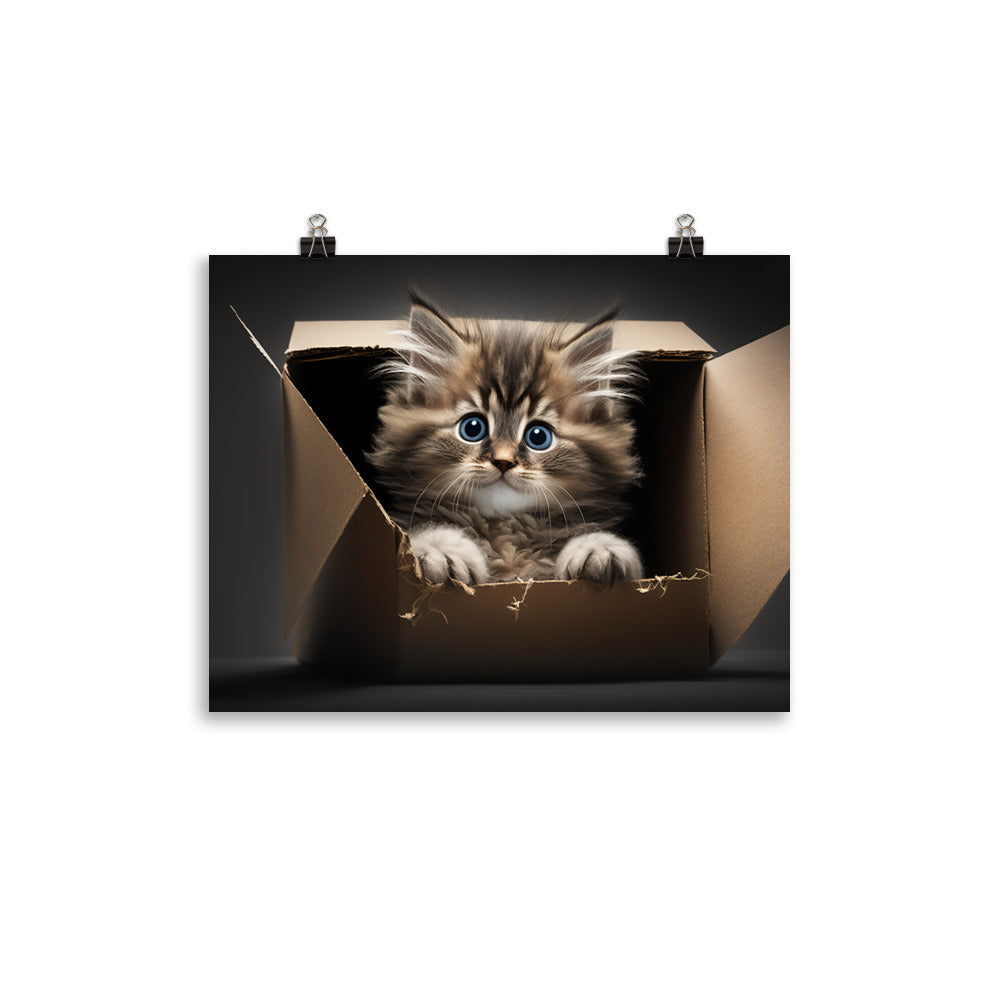 A fluffy kitten peering curiously out of a small cardboard box photo paper poster - Posterfy.AI