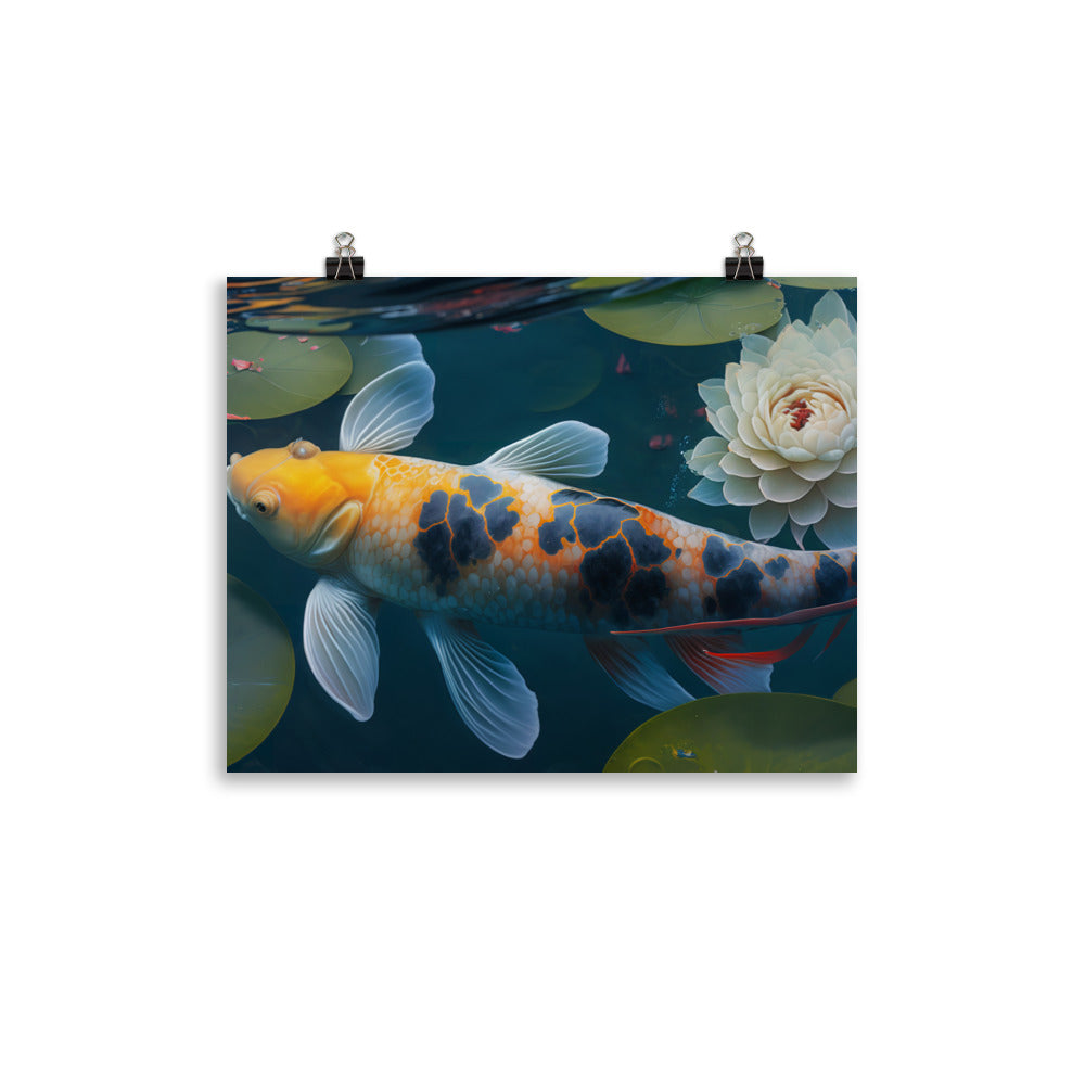 Koi fish swimming in a clear blue pond photo paper poster - Posterfy.AI